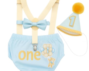Bear  Smash Cake Outfit, baby boy smash cake Winnie pooh,Boy Birthday ,One Powder Blue  Diaper Cover, cream suspenders, bowtie Party Hat