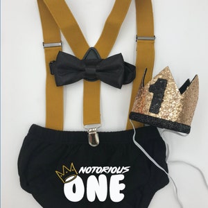 Notorious ONE First Birthday Outfit, Baby Boy Cake Smash Outfit, Black Diaper Cover Gold Suspenders Bow Tie Hat
