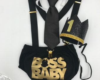 All Black Boss Baby Theme Smash the Cake Outfit Boy Birthday Outfit 4 Piece Set