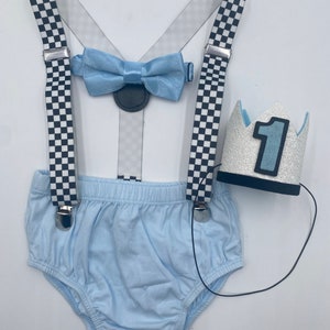 Vintage race car birthday baby boy Smash Cake Outfit fast one baby boy smash the cake, checkered suspender, bowtie, diaper cover & crown