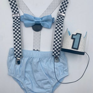 Vintage Race Car Smash Cake Outfit – Baby Boy First Birthday Outfit. Powder diaper cover and bowtie, checkered suspenders, birthday crown