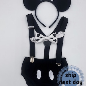 Traje de cumpleaños vintage de Mickey Mouse para niño, traje de primer cumpleaños de Disney para aplastar pastel, conjunto de tirantes de Mickey para bebé niño con pajarita.
