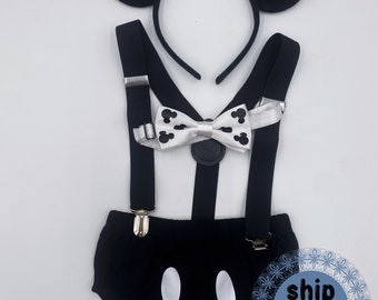 Vintage Mickey Smash Cake Outfit Boy Birthday Outfit 4 Piece Set Diaper Cover, Suspenders, bowtie and ears headband