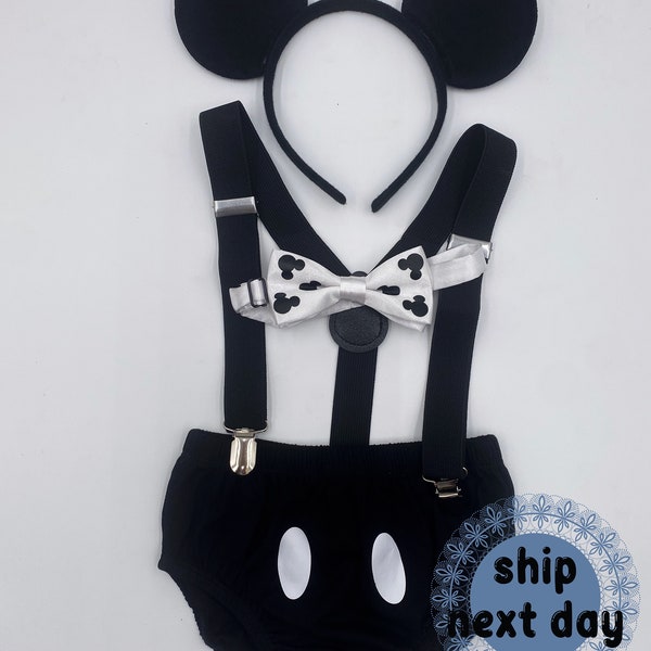 Vintage Mickey Smash Cake Outfit Boy Birthday Outfit 4 Piece Set Diaper Cover, Suspenders, bowtie and ears headband