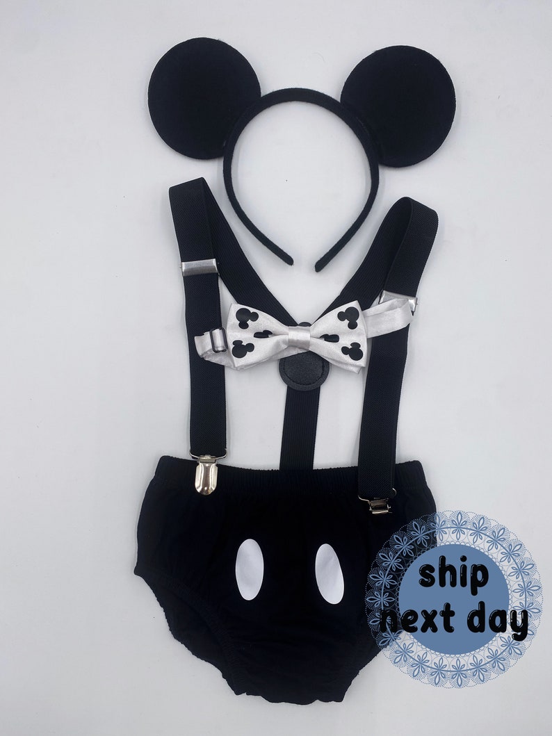 Vintage Mickey Smash Cake Outfit Boy Birthday Outfit 4 Piece Set Diaper Cover, Suspenders, bowtie and ears headband image 1