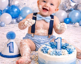 Baby Boy First Birthday Outfit Light Blue Diaper Cover Suspenders Bow Tie Hat Cake Smash 1st Birthday Photo Shoot
