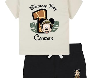 Personalized Mickey Safari Birthday Outfit | Custom Name & Age Natural T-Shirt with Black Shorts | Jungle Birthday Boy Set