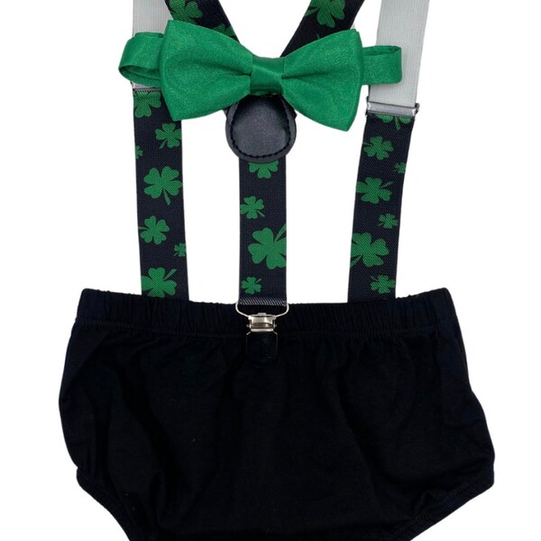 Baby Boy San Patricks Smash Cake Outfit Boy Birthday Photoshoot 3 Piece Set Diaper Cover, Suspenders and bowtie