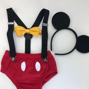 Mickey Smash Cake Outfit Boy Birthday Outfit 4 Piece Set Diaper Cover, Suspenders, bowtie and ears headband