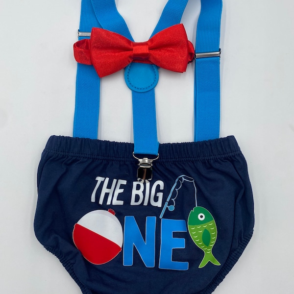 Big One theme Smash Cake Outfit Boy Birthday Outfit 3 Piece Set Diaper Cover, Suspenders and Birthday crown