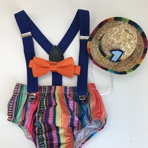 Smash Cake Outfit Boy Birthday Outfit 4 Piece Set Diaper Cover, Suspenders Party Hat