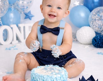 Baby Boy First Birthday Outfit, Cake Smash Boy Outfit, 1st Birthday Boy Suspenders Set, Blue Birthday Outfit, Smash Cake Photo Outfit