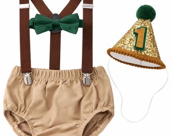 Wild One First Birthday Outfit Boy, Safari Cake Smash Outfit, Baby Boy Birthday Set with Pine Green Bow Tie Suspenders