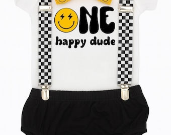 One Happy Dude First Birthday Outfit – Smiley Face Bodysuit, Checkered Suspenders, Yellow Bow Tie and Black Diaper Cover