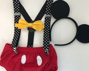 Mickey Smash Cake Outfit Boy Birthday Outfit 4 Piece Set Diaper Cover, Suspenders, bowtie and ears headband