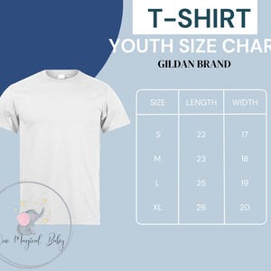 May include: White youth t-shirt with a size chart for Gildan brand t-shirts. The chart shows sizes S, M, L, and XL with corresponding length and width measurements in inches.