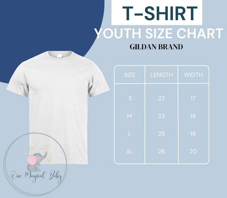 May include: White youth t-shirt with a size chart for Gildan brand t-shirts. The chart shows sizes S, M, L, and XL with corresponding length and width measurements in inches.