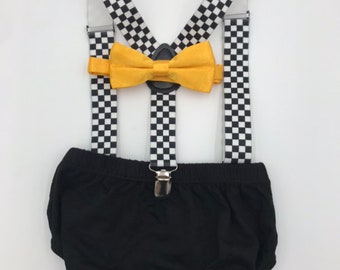 Checkered suspenders One Happy Dude Smash Cake Outfit, Boy Birthday Outfit, black diaper cover checkered suspenders, yellow baby bowtie