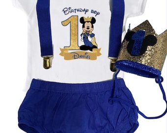 Mickey Prince Royal blue  Smash Cake Outfit Boy Birthday Outfit 5 Piece Set Diaper Cover, Suspenders, bodysuit, bowtie and  Birthday crown