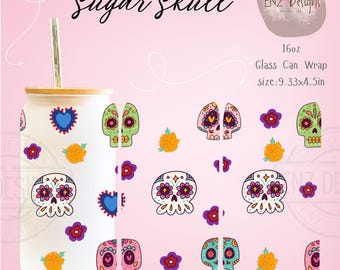 Sugar Skull PNG, Day of the Dead Skull Glass Can Wrap Png, Dia de los Muertos, Halloween, Mexican Calavera Libbey Cup Wrap, Catrina