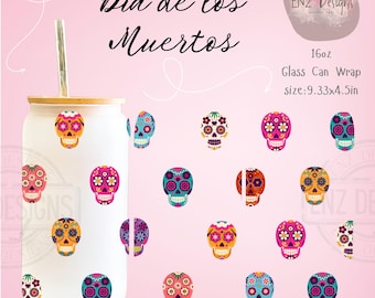 Sugar Skull PNG, Sugar Skull Glass Can Wrap Png, Dia de los Muertos, Halloween, Mexican Calavera Libbey Cup Wrap, Catrina