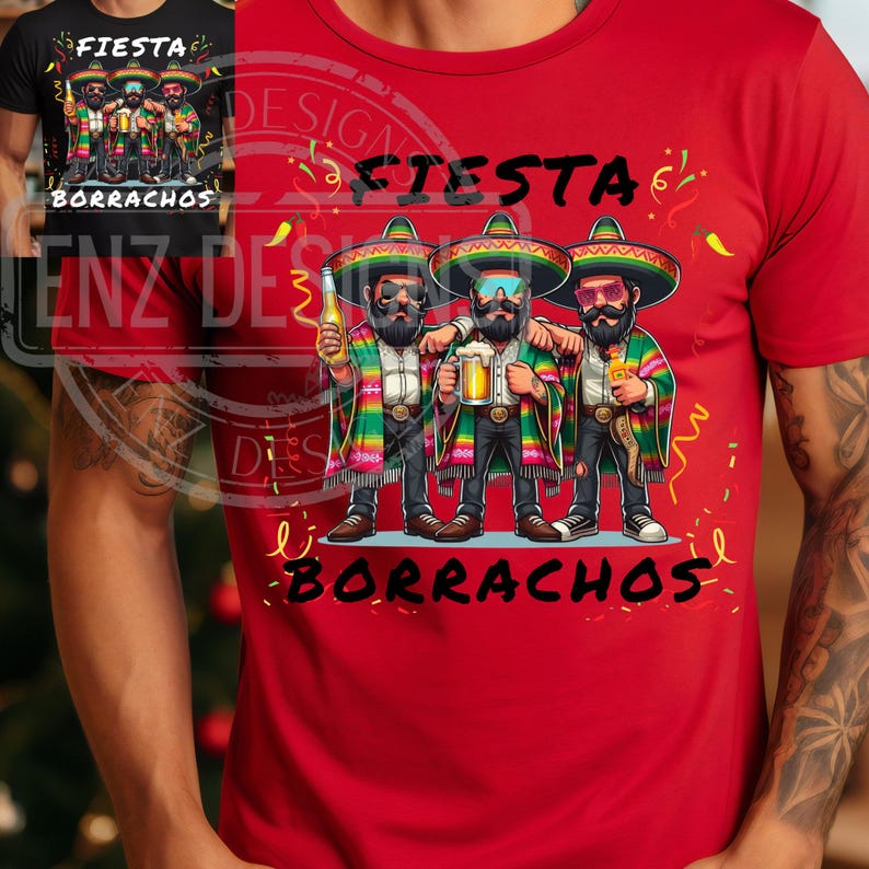 May include: Red t-shirt featuring a festive illustration of three men in sombreros, ponchos, and sunglasses, holding drinks. The shirt has the words "Fiesta" and "Borrachos" in a decorative font.