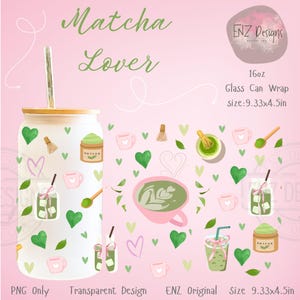 May include: A white glass can wrap with a bamboo lid and straw, decorated with green hearts, matcha illustrations, and the text "Matcha Lover." The design includes a pink background with additional matcha-themed graphics. The can wrap is 9.33 x 4.5 inches.