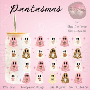 May include: A glass can wrap with a bamboo lid, featuring ghost illustrations holding coffee and boba tea. The design includes the text "Pantasmas" and "ENZ Designs". The wrap is 23.7 x 11.4 cm and holds 16oz.