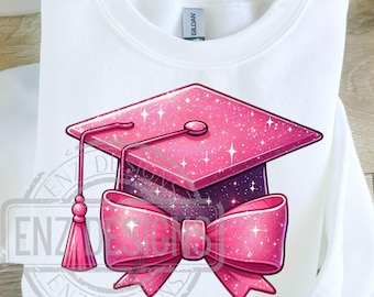 Class of 2026 Senior PNG, Pink Glitter Graduation Cap with Bow, Coquette Aesthetic Sublimation Design