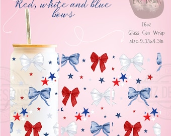 4th of July Coquette Bow PNG, 16oz Libbey Can Wrap, Red White Blue Bows, 4th of July Wrap, Girly American Png Independence Day png