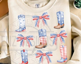 4th of July Bow Png, American Cowgirl, Coquette Cowgirl, America Png, Cowboy Flag Boots, All American Boots Png, Red And White Blue Coquette