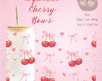 Coquette Cherry Bows 16oz Wrap PNG, Soft Girl Era Frosted Glass Sublimation Design, Watercolor Pink Ribbons Libbey Cup PNG, Girly Can PNG