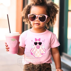 Cute Girly Ghost Blowing Bubble PNG, Cute Pink Ghost Shirt PNG Design Digital, Retro Ghost PNG, Halloween Checkered Ghost Bow png