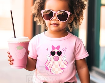 Süßer Girly Geist bläst Blase PNG, süßer rosa Geist Shirt PNG Design Digital, Retro-Geist PNG, Halloween karierter Geist Bogen png
