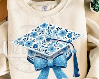 Senior 2026 PNG, Blue Floral Graduation Hat, Graduation 2026, Coquette Senior, Class of 2026 Png, Coquette blue Floral Graduation