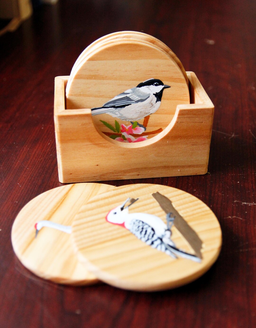 Green - Birds Handpainted Pine Wood Coaster (Set of 4) 08