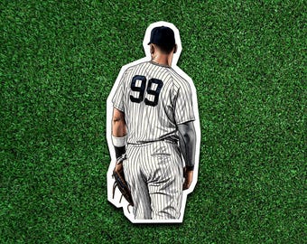 May include: A sticker illustration of a baseball player seen from behind, wearing a white pinstriped jersey with the number 99 in dark blue on the back, a dark blue cap, and a brown leather baseball glove held in the right hand.