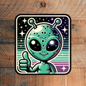 Adhesivo de vinilo brillante mate con estilo de dibujos animados de extraterrestres ilustrados divertidos