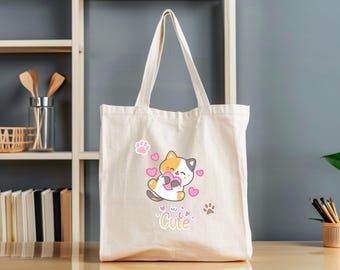 Cat Cotton Canvas Tote Bag, Kawaii Kitty Lover Gift