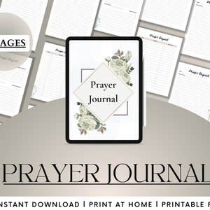 Könnte beinhalten: Ein druckbares Gebetsjournal mit 11 Seiten, das ein florales Design mit weißen Rosen und grünen Blättern zeigt. Der Einband des Journals trägt den Text "Prayer Journal" in einem goldenen Rahmen.