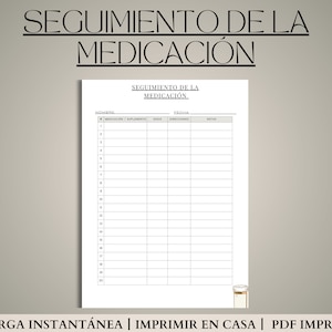 Peut inclure: Un journal de suivi des médicaments imprimable en espagnol. Le journal comporte des colonnes pour le nom du médicament, les suppléments, la posologie, les instructions et les notes. Il y a 20 lignes pour les entrées. Le titre est "Seguimiento de la Medicación" qui se traduit par "Suivi des médicaments".