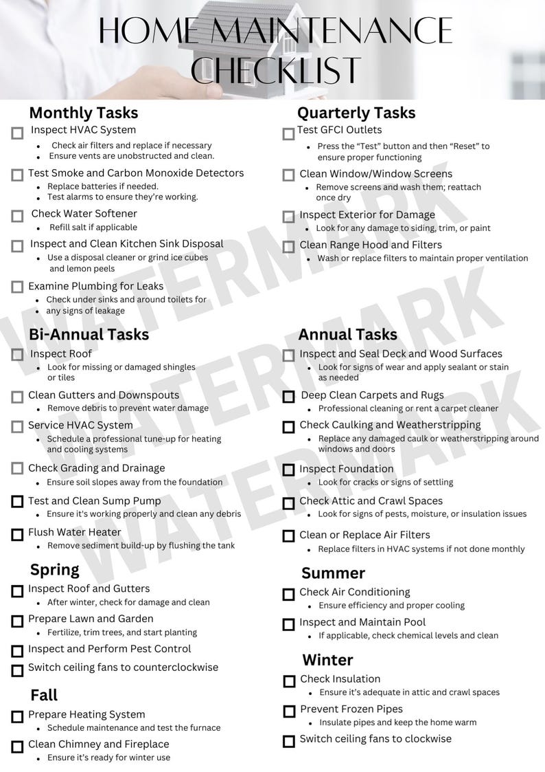 Home Maintenance Checklist, Printable Home Maintenance Checklist, A4 ...