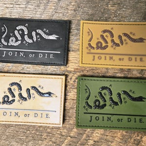 May include: Four rectangular patches with the phrase "JOIN, or DIE" and a segmented snake illustration. The patches are in black, tan, cream, and olive green. The snake design is in white or black, with the text in a contrasting color.