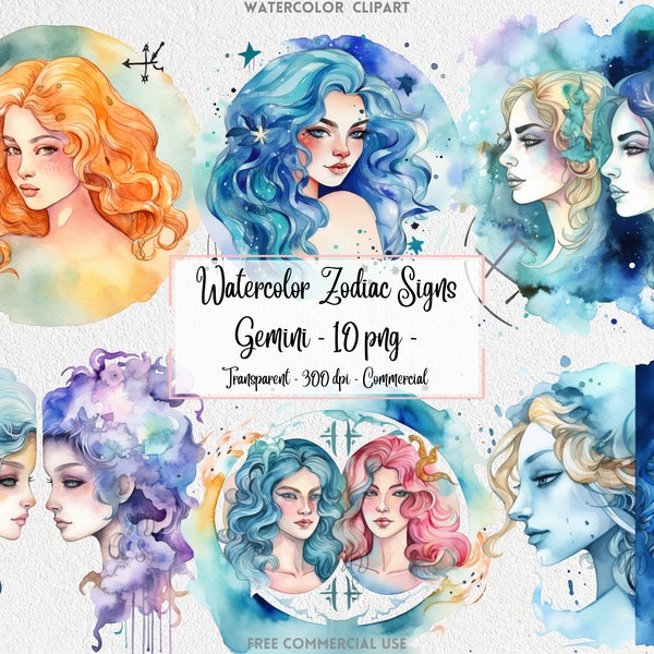 Watercolor Zodiac Gemini Clipart Pack - 10 PNG - Zodiac clipart, Watercolor Gemini clipart, Gemini png, Zodiac png, Watercolour Zodiac signs