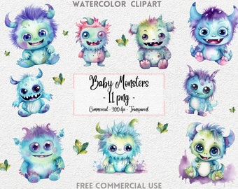 Watercolor Baby Monsters, Clipart, 11 png, Monster clip art, Monster clipart, Cute, Monster png, water colour monsters, creatures clipart