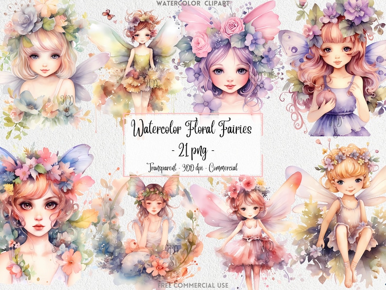 Watercolor Floral Fairy Clipart Pack 21 PNG Fairy Clipart, Watercolor ...