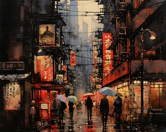Calle animada de Tokio/Arte en acuarela de una calle de Tokio