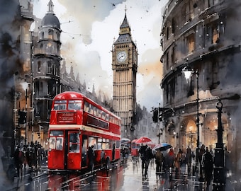 Lively Street on London /Watercolor Art of a Street in London