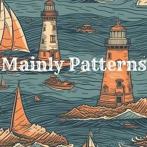 MAINE SAILBOAT and LIGHTHOUSE in the Ocean, Digital Seamless Pattern, Printable Paper, Coastal Theme, Instant Download, Commercial Use
