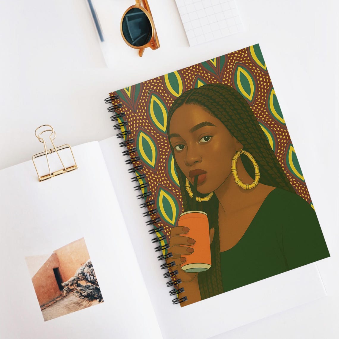 Notebook, Black Woman African Fabric Journal, Bamboo Earrings Notepad ...